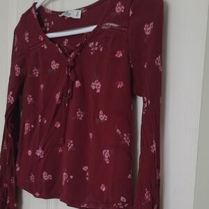 Hollister Burgundy Floral Lace-Up Long Sleeve Top